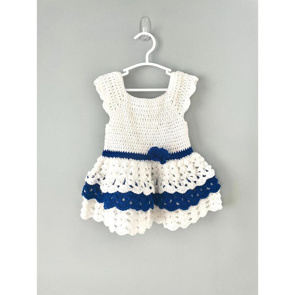 White & Blue Baby Dress Girl Outfit | Handmade Lace Crochet Dress